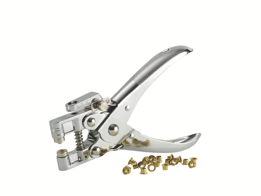 Rexel No. 2 Eyelets Brass Pack 500, metallic eyelet punch tool with gold eyelets for binding or crafting.