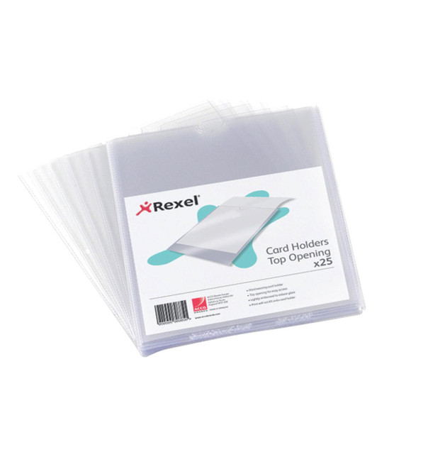 Rexel Nyrex Card Holder 152x102mm (PK25), transparent plastic card holders with top opening for document organization.