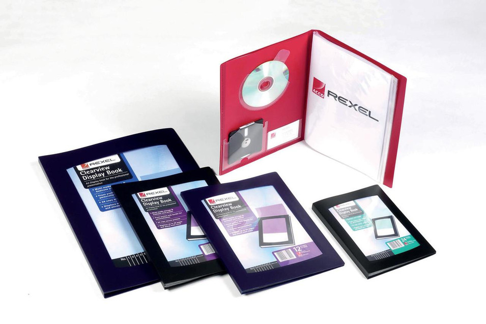 Rexel Rx Clearview Display Book 24 Pkts A5 BK, a set of black and purple display books with clear sleeves, used for organizing and displaying documents.