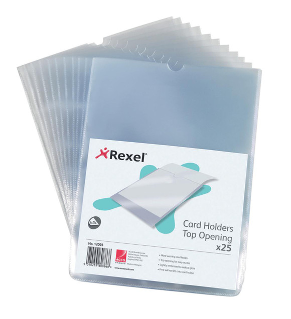 Rexel Rx Top Opening Card Holder A5 Clear PK25, transparent plastic card holders with top opening for easy access, ideal for business and personal identification cards.