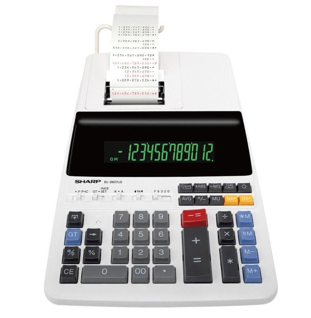Sharp EL2607LF Printing Calculator, white office calculator with digital display, multiple buttons, and printing paper for calculations