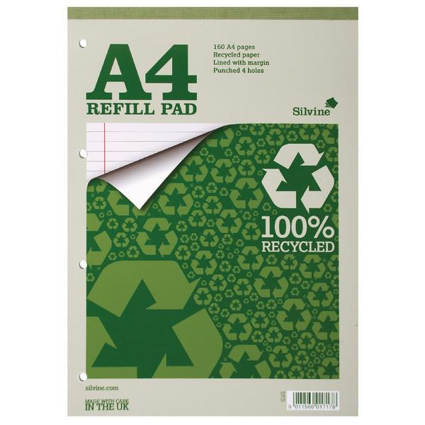 CW Office Silvine A4 Everyday Refill Pad PK6, green and white recycled paper refill pad with A4 size sheets and 4 punched holes.