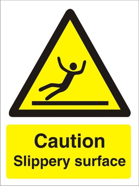 CW Office Slippery Surface Semi Rigid Plastic Sign, warning of slippery surface hazard with caution notice.