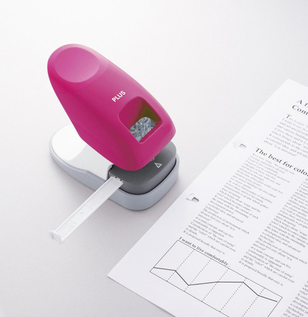CW Office Staple Free Desk Stapler 10 Sheets PK, pink and white desktop stapler on a white surface with a sheet of paper nearby.