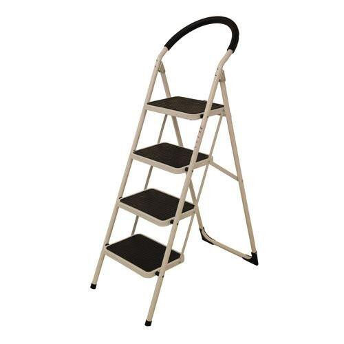 CW Office Step Ladder 4 Tread Folding 150Kg, folding step ladder with four black-tread steps and a white frame, designed for safe and convenient access to high places.
