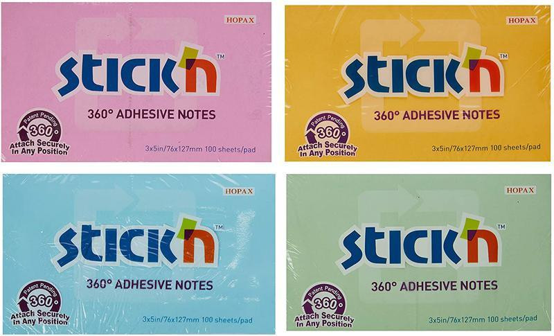 CW Office Stickn Repos 360Notes76x127 PK12, four packs of adhesive notes in pink, yellow, blue, and green colors, each containing 100 sheets with 360° adhesion for secure attachment.