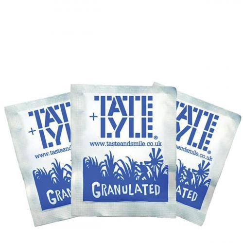 CW Office T&L WH Sugar Sachet PK1000, three white sugar sachets with blue TASTE+ logo and grass design.