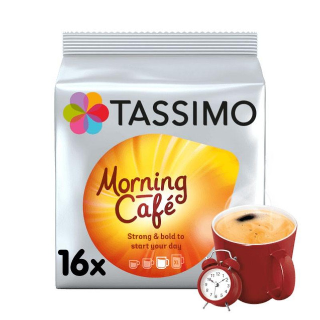 Product CW Office Tassimo Morning Cafe PK16, box of 16 coffee capsules with a cup of coffee and a small red alarm clock in front.