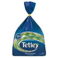 CW Office Tetley One Cup Teabags PK440, blue plastic bag containing Tetley tea bags with product label on front.