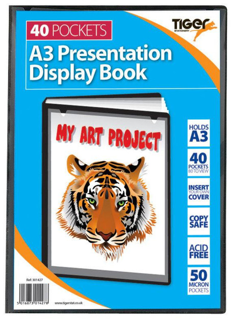 CW Office Tiger A3 Pres Display Book Black 40pkt, product image showing a black A3 presentation display book with 40 pockets and a tiger logo on the cover.