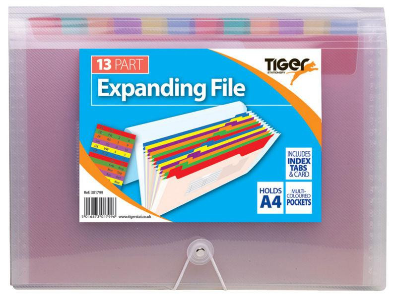 CW Office Tiger A4 13 Part Rainbow Exp File, colorful expanding file folder with multiple rainbow-colored pockets and index tabs.