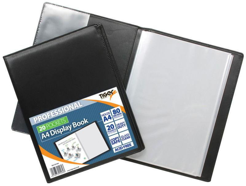 CW Office Tiger A4 Professional Display Book 20pkt, black displaying multiple clear plastic pockets for organizing documents.