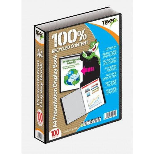 CW Office Tiger Presentation Dsp Book A4 100Pocket, recycled content presentation display book with 100 pockets for holding documents, environmentally friendly with A4 size, includes display box and micro pockets.