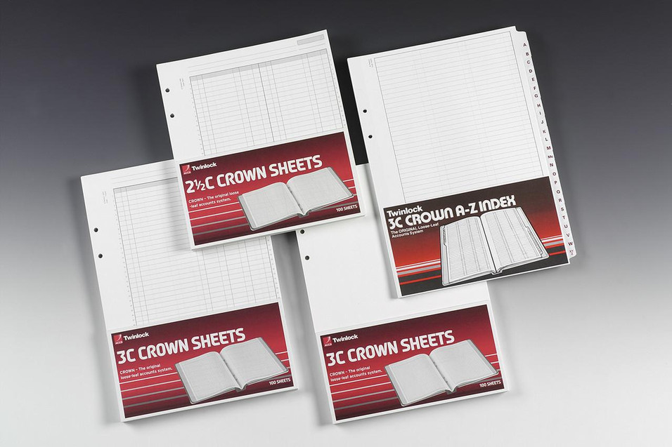 CW Office Twinlock Crown Sheets 3x Cash PK100, set of four assorted loose-leaf accounting sheets and index sheets with red and white covers on a gray background.