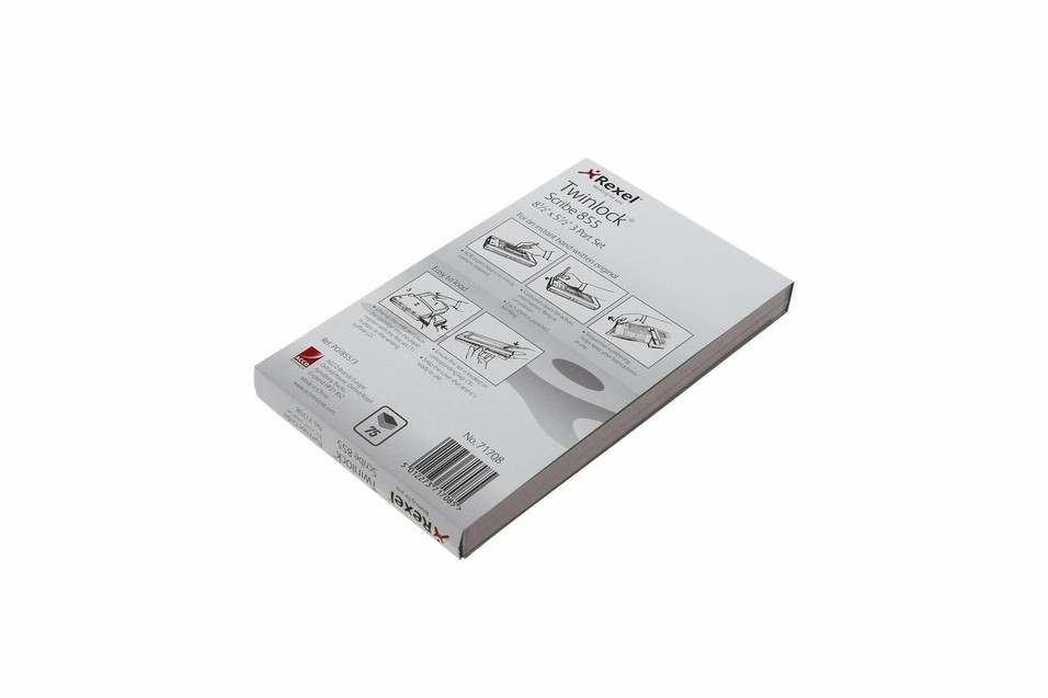 CW Office Twinlock Scribe 855 Sales Receipt 2-Part, product packaging with instructional illustrations and barcode.