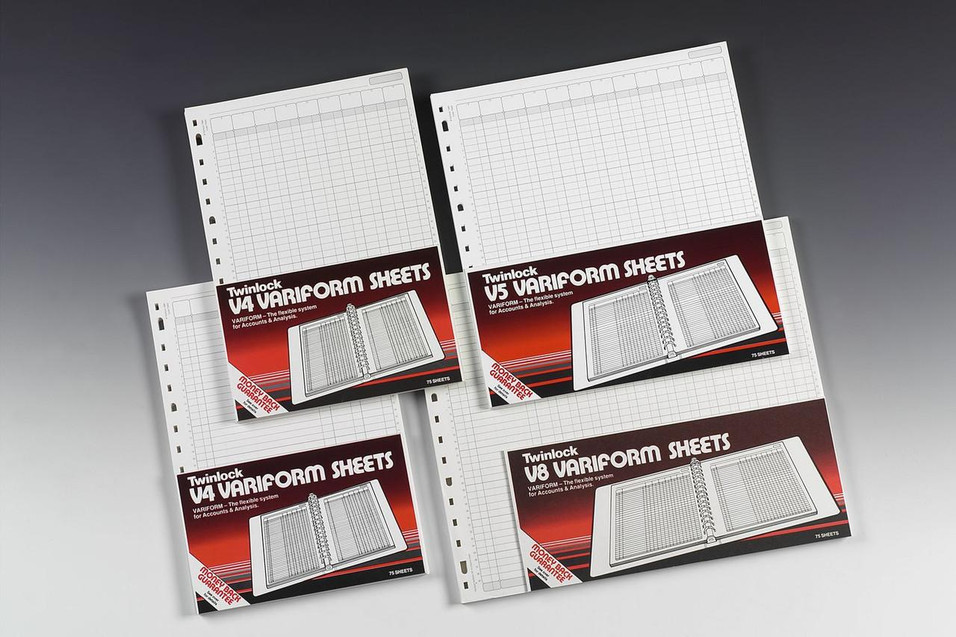 Product CW Office Twinlock V8 Variform 24 Column Cash 75sh, sets of V4 and V8 Variform sheets with gridlines and binding holes for accounting and analysis.