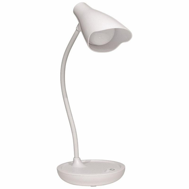 CW Office Unilux Desk Lamp Ukky LED White, modern adjustable white desk lamp with LED lighting on a smooth round base.