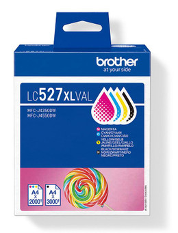Brother LC-527XLVAL 4 Colour Ink Cartridge Pack High-capacity, front view of the ink cartridge packaging with colorful ink droplet illustration and a lollipop design, suitable for A4 paper printing.