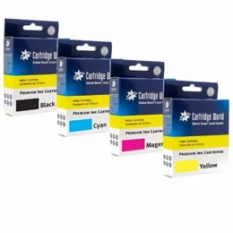 Cartridge World Compatible Brother LC-527VAL 4 Colour Ink Cartridge Pack, image of four ink cartridges in black, cyan, magenta, and yellow colors in blue packaging.