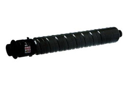 Ricoh 842561 Black Toner Cartridge, elongated cylindrical toner cartridge with a black exterior and label, designed for high-volume printing, up to 30,000 pages.
