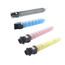 Ricoh IM C2010 / C2510 4 Colour Toner Cartridge Multipack, four colorful toner cartridges in black, cyan, magenta, and yellow for Ricoh printers.