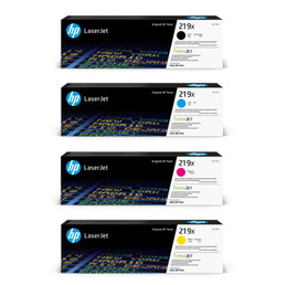 HP 219X High Yield 4 Colour Toner Multipack, image showing four boxes of toner cartridges in cyan, magenta, yellow, and black for HP LaserJet printers.