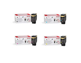 Xerox Genuine Xerox VersaLink C410 / C415 4 Colour High Capacity Toner Multipack, image showing four different toner cartridges with their respective boxes for color black, cyan, magenta, and yellow.