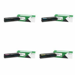 Lexmark High Capacity Black + 3 Standard Colour Toner Cartridge Multipack, image showing four toner cartridges in black, cyan, magenta, and yellow colors, each with packaging boxes in the background.