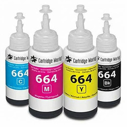 Cartridge World Compatible Epson 664 EcoTank 4 Colour Ink Bottle 70ml Multipack - C13T664640, four ink bottles in cyan, magenta, yellow, and black for Epson EcoTank printers.