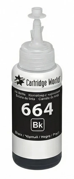 Cartridge World Compatible Epson 664 Ecotank Black Ink Bottle (70ml) - C13T664140, showing a white ink bottle with a black label and a white nozzle at the top.