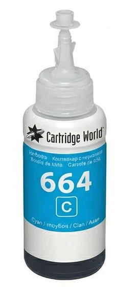 Cartridge World Compatible Epson 664 Ecotank Cyan Ink bottle (70ml), image of a blue and white ink bottle with a nozzle for refilling printers.