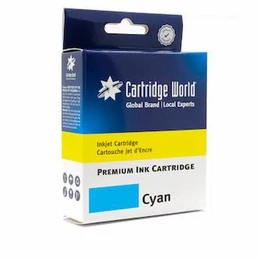 Cartridge World Compatible Brother LC-521C Ink Cartridge Cyan, packaging box with blue and white design and yellow label indicating ink type.