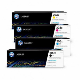 HP 203X High Capacity 4 Cartridge Multipack, image showing four color ink cartridges (Yellow, Magenta, Cyan, Black) for laser printers.