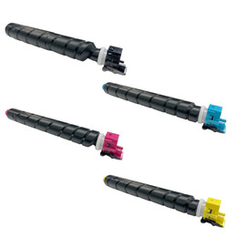 Cartridge World Compatible Kyocera TK8545 4 Colour Toner Multipack, image showing four toner cartridges in black, magenta, cyan, and yellow colors with plastic casings.
