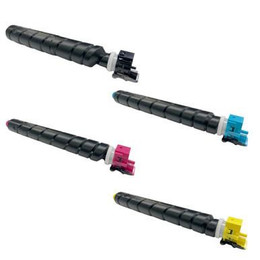 Kyocera TK8545 4 Colour Toner Multipack, image of four toner cartridges in black, cyan, magenta, and yellow colors arranged separately.
