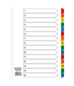CW Office ValueX Index Mylar 1-15 A4, colored index tabs with numbered labels from 1 to 15 on a transparent sheet.