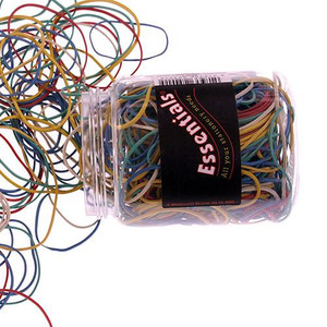 CW Office ValueX Rubber Band Asst Clr&Sizes 75g, assorted colorful rubber bands spilling from a clear plastic jar.