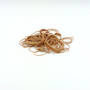 CW Office ValueX Rubber Band Asst Sizes Nat 454g, a pile of various-sized light brown rubber bands on a white background.
