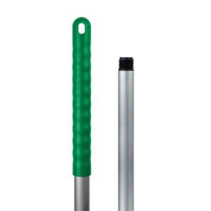 CW Office ValueX Socket Mop Handle Aluminium GRN, image of an aluminium mop handle with a green grip and detachable silver extension.