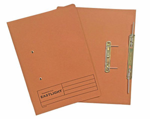 CW Office ValueX Springfile Foolscap Orange PK25, orange foolscap transfer files with metal prong fasteners for document organization.
