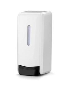 CW Office ValueX White Bulk Fill Soap Dispenser, modern white soap dispenser with a black base and transparent window for soap level visibility.