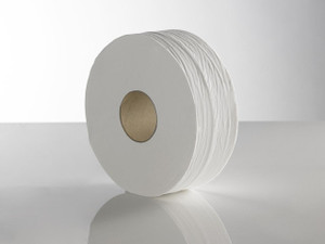 CW Office ValX Jumbo Toilet Roll 2Ply 300M WT PK6, a stack of white jumbo toilet paper rolls with a cardboard core, designed for commercial or office use.