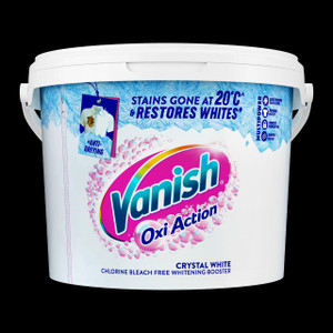 CW Office Vanish Fabric Stain Remvr Pwdr WT 2.4kg, container of Vanish Oxi Action fabric stain remover powder with blue and white packaging designed for removing stains and whitening fabrics.