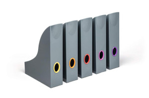 CW Office VARICOLOR Magazine Rack Assorted PK5, gray magazine organizer with five compartments, each featuring a colorful circular label for sorting magazines or documents.