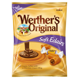 CW Office Werthers Original Soft Eclairs 125g, package featuring a creamy caramel and chocolate filling with images of the toffee candies and their wrapper.