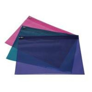 CW Office Zippi Bag Bright Colours A4 Pack of 25, colorful translucent zippered document bags in pink, blue, teal, and navy for organizing papers.
