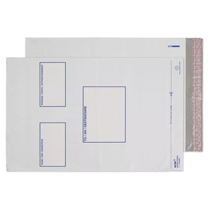 CW Office C3+ Polypost P&S 430x330mm 50mu PK100, white polypropylene postal mailer with blue printed address sections and peel-and-seal adhesive strip for secure mailing. CW Office C3+ Polypost P&S 430x330mm 50mu PK100, white polypropylene postal mailer with blue printed address sections and peel-and-seal adhesive strip for secure mailing.