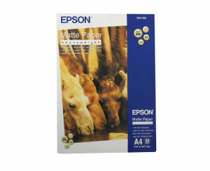 Product CW Office MATTE HEAVYWEIGHT PAPER A4 50SHEETS, box of Epson matte heavyweight A4 paper with animals drinking water on the packaging.