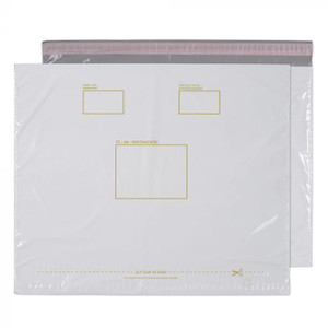 CW Office Polypost Poly Pkt Whi P&S 430x590 PK100, white plastic mailing or packaging envelopes with designated spaces for addresses and postal information. CW Office Polypost Poly Pkt Whi P&S 430x590 PK100, white plastic mailing or packaging envelopes with designated spaces for addresses and postal information.