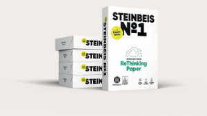 CW Office Steinbeis No1 Paper A3 80gsm White RM500, image of a stack of four boxes of ecological white printing paper and a large box with product branding